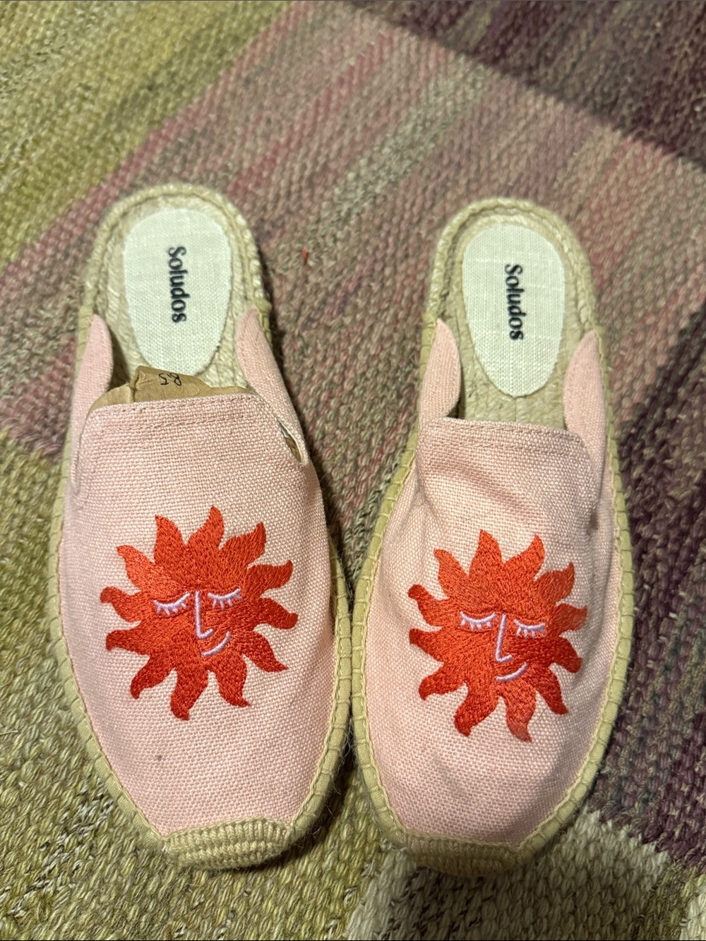 Soludos Pink Canvas Espadrille Mules with Orange Sun Motif